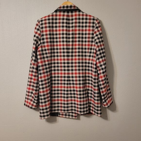 Karl Lagerfeld Paris Plaid‎ Double Breasted Plaid Blazer Womens 14 Leather Trim - Picture 2 of 8